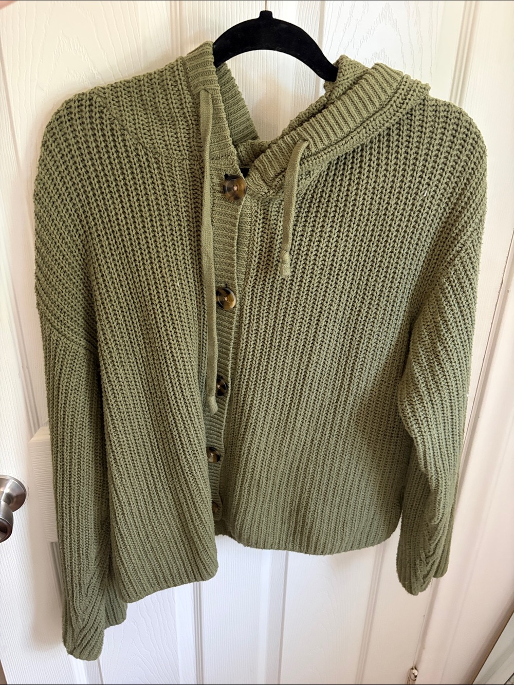 Olive Hooded Button-Front Knit Cardigan Sweater
